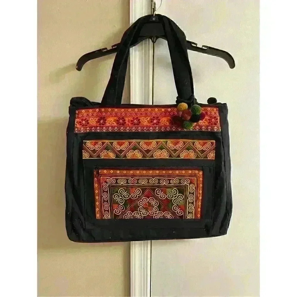 Boho Embroidered Black Tote Bag with Red & Orange Accents